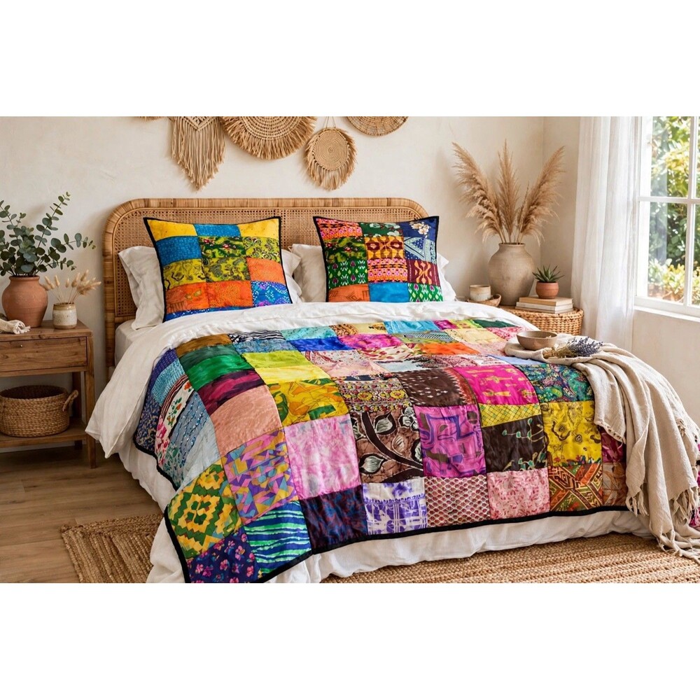 Vintage Sacred Threads Silk Sari Patchwork Quilt 62x83 + 2 Pillow Shams Boho Set